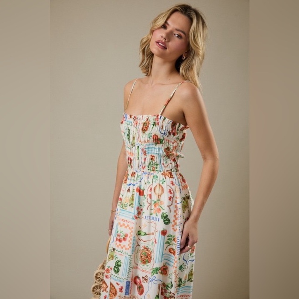 Italian Market Illustration Print Smocked Maxi Dress - Sunday Edition - Picture 4 of 6